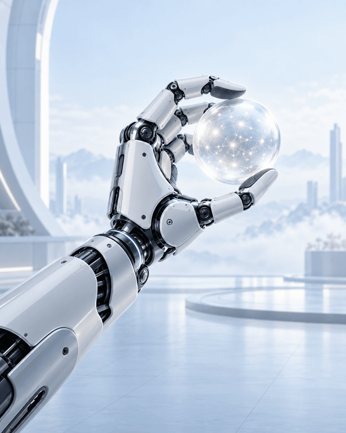 Precision robotic hand holding a luminous intelligence core